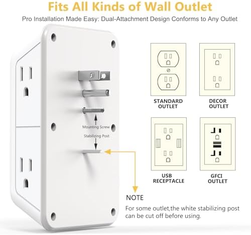 Enhanced 6-Outlet Wall Outlet Extender with Night Light & 4 USB Charging Ports – 1050 J Surge Protector for Home, Office, and Travel – Versatile Power Plug Adapter for Multiple Devices with Space-Saving Design
