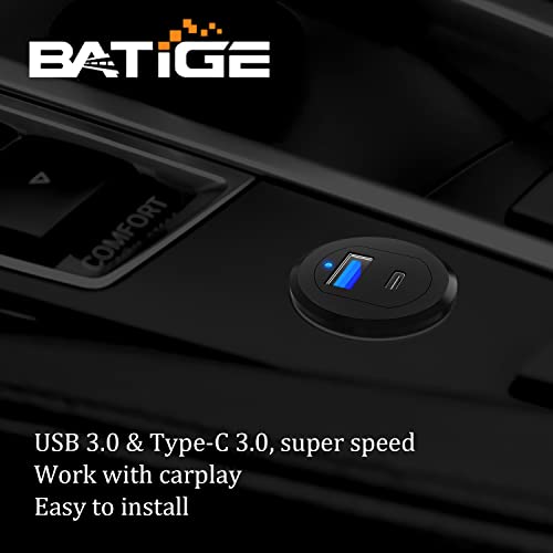 BATIGE Type C USB 3.0 Flush Mount Extension Cable – 3 ft Alloy Shell Car, Truck & Motorcycle Dashboard USB Port with LED Indicator for Enhanced Durability and Seamless Connectivity