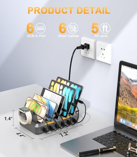 Ultimate 50 W Multi-Device Charging Hub – Sleek Space Gray USB Station with 6 Mixed Cables for i Phone, i Pad, Android, Tablets & More – Fast, Efficient & Safe Charging Solution for Home and Office