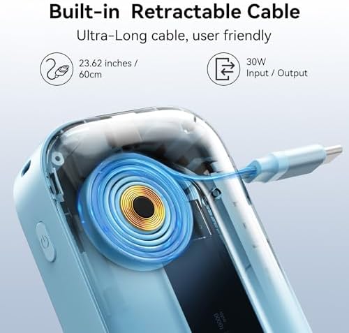 Ultra-Portable 10,000 m Ah Power Bank with Retractable Cable & USB-C to Lightning Compatibility – 30 W Fast Charging Battery Pack for i Phone 16/15/14/13 & Samsung Devices – LED Display for Easy Monitoring – Essential Travel Charger for On-the-Go Power Solutions