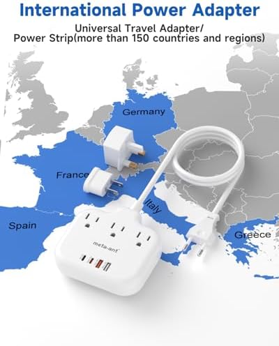 Ultimate Universal Travel Plug Adapter with PD30 W Fast Charging Hub – 3 Multi-Port Connectivity for International Travel, Featuring Dual USB-C & USB-A Outputs, 3 ft Extension Cord for Effortless Power in EU, US, UK, France & Spain – Perfect Solution for Global Adventurers Seeking Reliable Charging Options