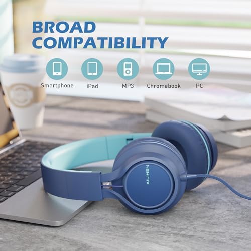 Premium AILIHEN C8 Kids Wired Headphones – Foldable On-Ear Design with Adjustable Volume Control and Built-In Microphone for Safe Listening – Perfect for School, Travel, and Home Use (Black/Blue) – Exceptional Sound Quality for Young Audiophiles and Learning Environments