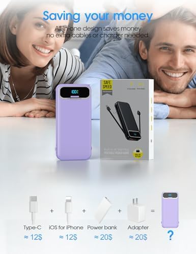 Ultra-Compact 12000 m Ah Power Bank with Built-in Charging Cables & AC Plug – 20 W PD Fast Charging for i Phone, Samsung, Android, USB-C Devices – Travel-Friendly External Battery Pack in Purple – Unmatched Portability and Efficiency for On-the-Go Charging Solutions