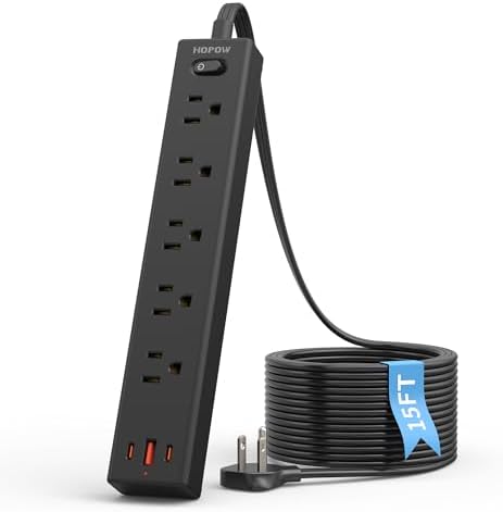 Ultra-Slim 15 FT Flat Plug Power Strip with 5 Outlets & 3 Smart USB Ports – 1700 Joules Surge Protector for Home, Office & Dorm Use – Space-Saving Design with Right-Angle Plug for Optimal Access and Charging Efficiency