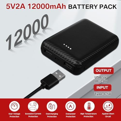 12000 m Ah Portable Power Bank for Heated Clothing – 5 V 2 A Charger for Vests, Jackets, and Hoodies – Lightweight Battery Pack with USB Wall Adapter for All-Day Warmth and Fast Charging – Essential Accessory for Outdoor Adventures