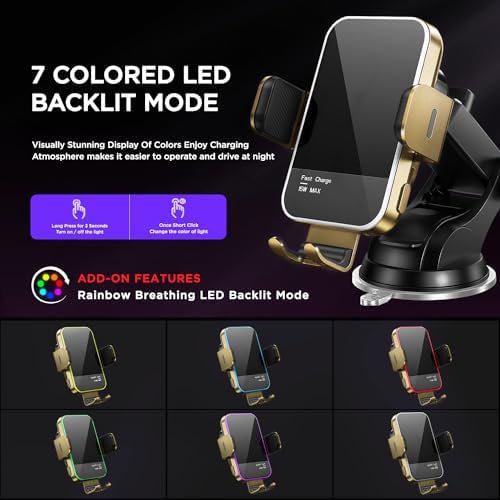 High-Speed Wireless Car Charger with Auto-Clamping Phone Mount and RGB Backlight – 15 W Qi-Compatible Charging for i Phone 15, 14, 13, 12 Mini, Pro Max, 11, XR, X, Samsung Galaxy S23 Ultra, S22, S21+ – Sleek Silver Design for Enhanced Aesthetics and Safety on the Road