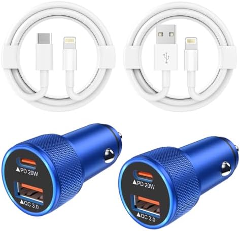 High-Performance i Phone Car Charger – Dual-Port 38 W USB-C & QC3.0 Fast Charging Adapter with 2 Lightning Cables, MFi Certified for i Phone 14, 13 Pro Max, 12, 11, X – Sleek Grey Design for Enhanced Compatibility and Efficiency on the Road