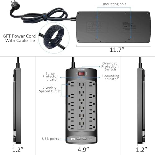 Maximize Your Power Supply with the 18-Outlet Surge Protector Power Strip – 6 Feet Heavy-Duty Extension Cord Featuring 4 Fast USB Ports, 2100 Joules of Surge Protection, and ETL Certification for Ultimate Safety and Compatibility