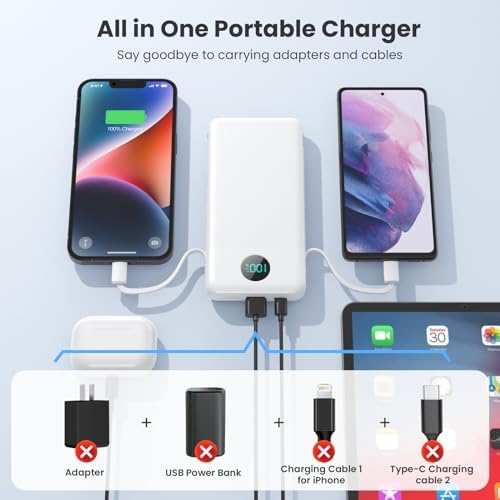 Ultimate USB C Power Bank with Dual Built-in Cables & AC Wall Plug – 13,800 m Ah Fast Charging Powerhouse for i Phone 16/15, Galaxy S23, Tablets – Compact LED Display, Universal Compatibility for On-the-Go Power Solutions
