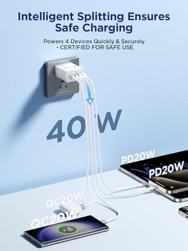 Aioneus 40 W USB C Fast Charging Block – 4-Port Dual PD & QC Wall Charger for i Phone 11-16, i Pad & Samsung Devices – Compact, High-Performance Power Adapter with Enhanced Safety Features for Home & Travel