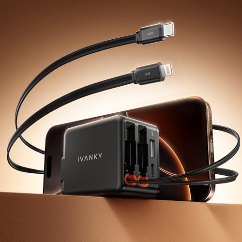 i VANKY 84 W Retractable Wall Charger – 4-Port USB Power Adapter with Dual Cables for Fast Charging – Compact Travel Solution for i Phone 16/15, i Pad, Samsung – Smart Charging Hub for Home and Office Efficiency