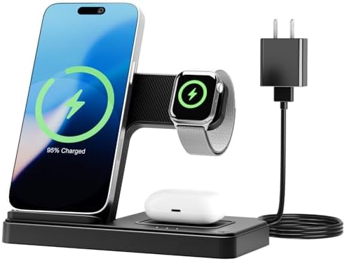 Sleek 3-in-1 Wireless Charging Station for Apple Devices – Foldable Qi Charger Dock for i Phone, Apple Watch & Air Pods – Fast Charging, Case-Friendly, and Portable for Home Office Use (Elegant Black) – Ultimate Gadget Organizer