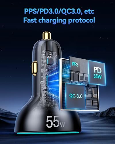 Rocoren 55 W 4-Port USB C Car Charger – Ultra-Fast PD3.0 & QC3.0 Charging Hub for i Phone 16/15/14, i Pad Pro, Samsung Galaxy S25/S24 Ultra, and Google Pixel – Compact Cigarette Lighter Adapter with Enhanced Safety Features for Effortless Travel Power Solutions