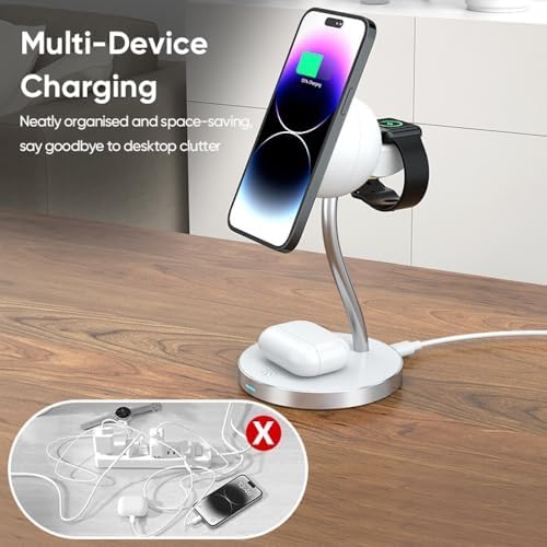 Revolutionary 4-in-1 Wireless Magnetic Charging Station with LED Lamp – Fast 15 W Charger for i Phone 11-16 Series, i Watch, and Air Pods – Sleek Bedside/Desktop Design for Enhanced Device Compatibility and Clutter-Free Convenience