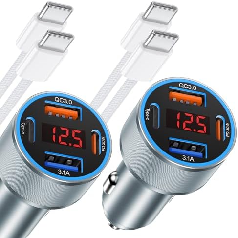 Ultimate 65 W 4-Port USB-C Fast Car Charger for i Phone – Dual Pack with Built-in Voltmeter for Enhanced Safety and Efficiency – Compatible with i Phone 15/15 Pro Max/16/16 Pro and i Pad – Rapid Charging Solution for On-the-Go Connectivity