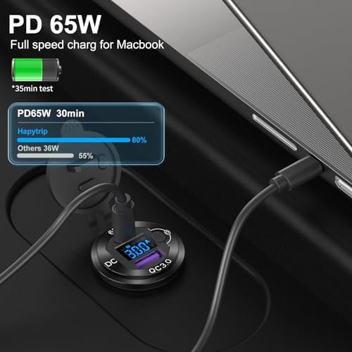 Premium 12 V USB Outlet Car Charger with PD65 W and Quick Charge 3.0 Ports – Waterproof Aluminum Design for RVs, Boats, and Laptops – Built-in Voltmeter & Energy-Saving Switch for Reliable Charging on the Go