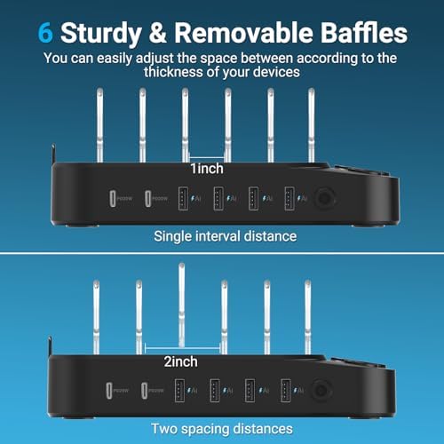 Sleek 6-Port USB Fast Charging Station with 60 W Output & 7 Versatile Cables – Essential Multi-Device Charger for i Phone, i Pad, Tablets, and Kindles – Ultimate Home and Office Organization Solution for Effortless Charging and Efficiency
