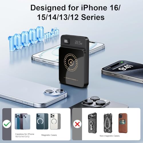 Magnetic Wireless Power Bank 10000 m Ah – 22.5 W Fast Charger for i Phone 16/15/14/13/12 Series with Built-in LED Display – Versatile Travel Power Solution for Samsung, Google, and More – Lightweight Design with Multi-Device Charging Capability and Intelligent Digital Readout for On-the-Go Convenience