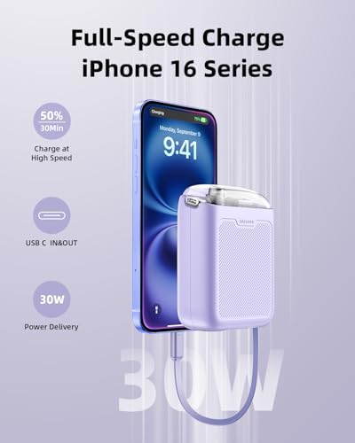 Compact 30 W Retractable USB-C Power Bank with Fast Charging – Sleek Dual Charging Battery Pack for i Phone 15, Android Devices & Laptops – Integrated 60 cm Cable & LCD Display for Ultimate On-the-Go Power Solutions