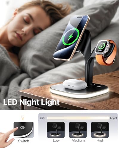 Revolutionary EXW Multi-Device Wireless Charging Hub: High-Performance Mag Safe Charger for i Phone 16/15/14/13/12, Apple Watch Series 1-9, and Air Pods – Sleek Black Finish with LED Charging Indicator & Complimentary Adapter for Effortless Device Management