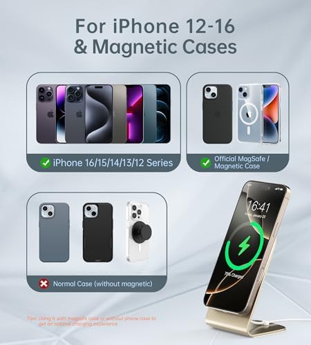 Elevate Your Charging Experience: Premium Magnetic Wireless Charger for i Phone 16/15/14/13/12 with 20 W USB-C Adapter – Fast, Elegant, and Versatile Charging Stand/PAD in Luxurious Gold – Enhanced Compatibility for Pro Max, Plus, Mini Models with 5 ft Cable for Ultimate Flexibility