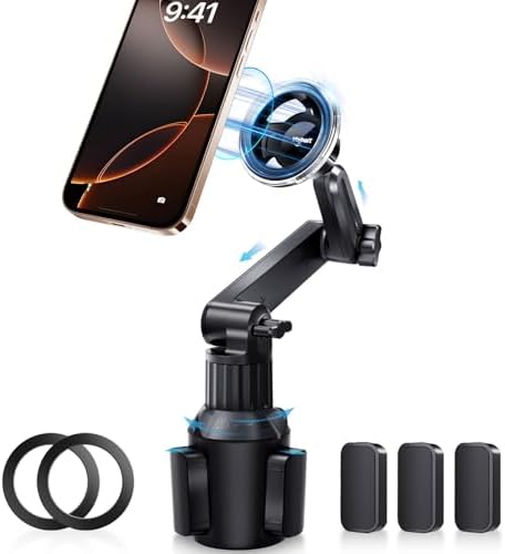 VOLPORT Magnetic Cup Phone Holder for Vehicles – 360° Adjustable Car Mount Designed for Tesla, Trucks, and SUVs – Versatile Mag Safe Cradle with Expandable Base for i Phone, Samsung, and Google – Ultimate Convenience and Enhanced Safety on the Road