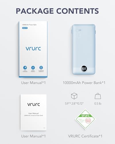 VRURC 10,000 m Ah USB C Power Bank with Built-in Cables & AC Wall Plug – Compact Lightweight Travel Charger for Smartphones & Tablets – Ultimate Convenience & Enhanced Charging Speed