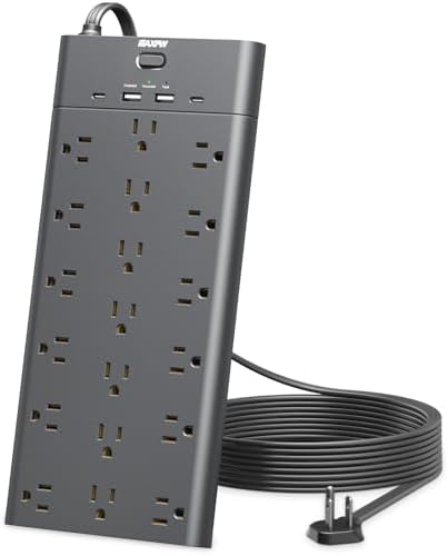 Ultimate Surge Protector Power Strip with 19 Outlets & 4 USB Ports – Heavy-Duty 6.5 Ft Extension Cord, 1875 W Power Capacity, 2100 Joules Surge Protection, Wall Mountable for Home, Office, and Gaming – Efficient Power Management Solution in Sleek Black Design