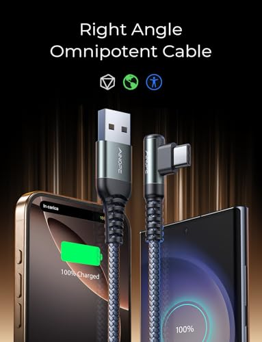 AINOPE Right Angle USB C Cable – 2-Pack (10 ft + 10 ft) Fast Charging 3.1 A Nylon Braided Charger for Enhanced Device Compatibility, Ideal for Gaming and Multitasking, Durable Black Design