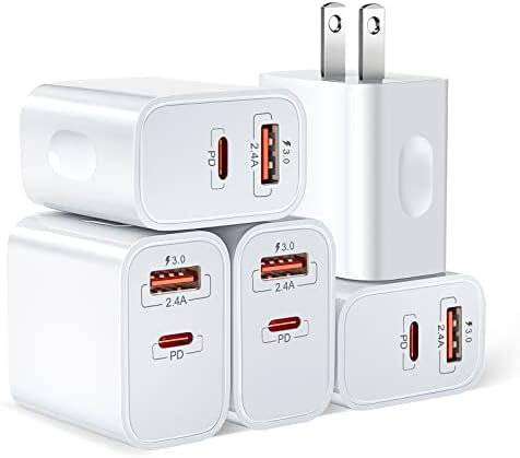 Rapid Charge 20 W USB-C Wall Charger 5-Pack – Dual Port Quick Charge 3.0 Power Adapter Compatible with i Phone 16/15/14/13/12/11 Pro Max, XS, SE, 8 Plus & Samsung S20 – Ultimate Charging Efficiency for On-the-Go Lifestyle – Compact and Durable Design for Maximum Portability