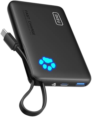 Ultimate INIU Slim 10000 m Ah Power Bank with Built-in USB-C Cable – 20 W Fast Charging for i Phone & Android, Compact Travel Essential for Students & Adventurers, Stylish Blue Design with Real-Time Power Indicator