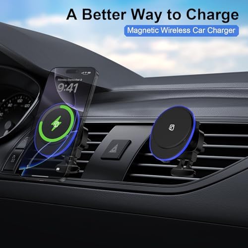 15 W Magnetic Car Mount Wireless Charger – Fast Charging for Samsung Galaxy S25 Ultra & i Phone 16 Series – Air Vent Auto Holder with Enhanced Stability & Compatibility – Effortless Navigation & Safety on the Road