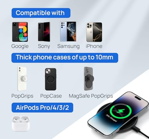 Effortless 15 W Fast Wireless Charging Pad for Thick Cases – Compatible with i Phone 16 Pro Max, 15, 14, 13, 12, 11, Samsung Galaxy S24, S23, and More – Includes Adapter for Optimal Performance – Sleek and Portable Design for Home and Office Use – Perfect for Popsocket and Otter Box Cases