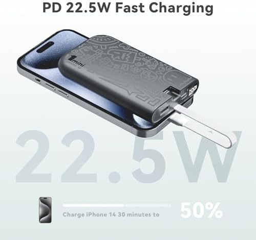 imuto Graffiti Style 20000 m Ah Portable Charger with Built-in Lightning Cable – 22.5 W Fast Charging Power Bank for i Phone, Samsung, i Pad, and All Smartphones – Essential Travel Accessory with LED Battery Display and Unique Design