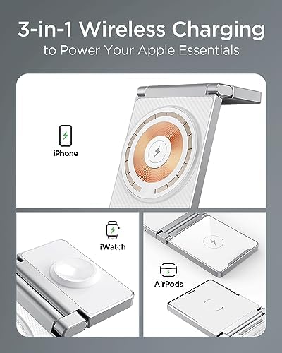 Hohosb Foldable 3-in-1 Magnetic Wireless Charger Station – Premium Zinc Alloy Design for i Phone 15/14/13/12, Air Pods Pro/3/2, and Apple Watch – Mag Safe Compatible, Fast Charging, and Travel-Friendly Solution for All Your Devices (Blue)