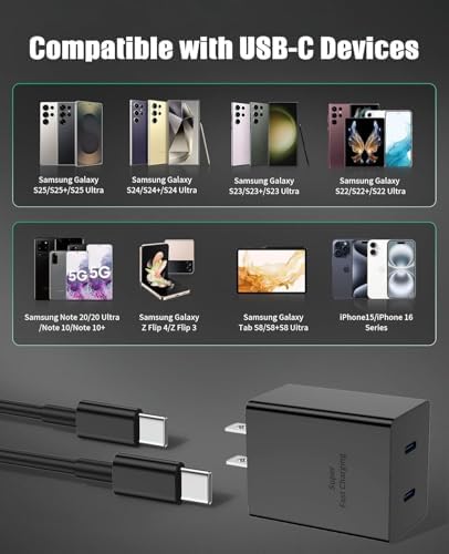 Dual 45 W Fast Charging Block Set with 10 ft USB-C to C Cables – Ultimate Power Solution for Samsung Galaxy S25/S24/S23+/S22+ and More – High-Efficiency Adapter for Android Devices, Perfect for Home Use and Travel Convenience