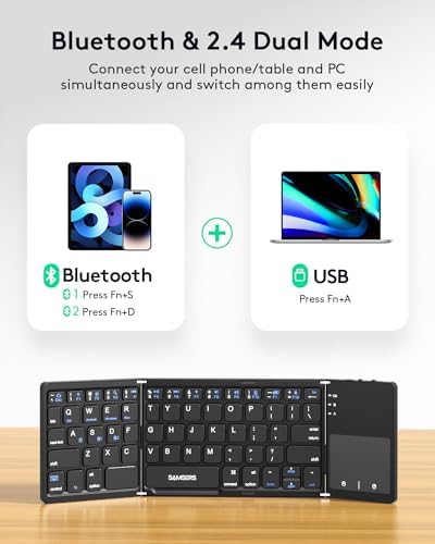 Samsers Portable Bluetooth Keyboard with Touchpad – Ultra-Slim Foldable Wireless Keyboard for Effortless Typing on Android, Windows, and i OS Devices – Rechargeable, Travel-Friendly Design with Device Holder – Black