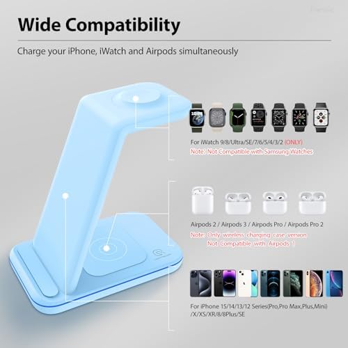 3-in-1 Wireless Charging Station for Apple Devices – Fast Magnetic Charger for i Phone 15/14/13/12/Pro Max/SE/11/XS/XR/8, Apple Watch 9-2, and Air Pods – Streamlined Power Solution for Home and Travel – Sleek, Compact Design for Enhanced Compatibility and Speed