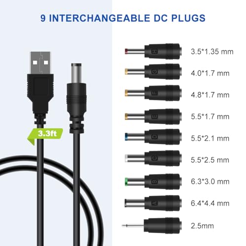LANMU USB to DC Power Cable, DC 5V Power Cord 5.5 2.1mm Jack Charging Cable with 14 Interchangeable Plugs Addapters for 5V Devices – Enhanced Compatibility and Speed