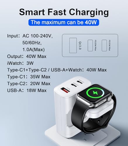 40 W 4-in-1 Fast Charger for i Phone, Apple Watch & Air Pods – Portable Multi-Device Charging Station with Dual USB Wall Block – Ideal Travel Companion for Apple Users – Enhanced Compatibility & Efficient Power Delivery