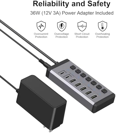 Transform Your Digital Workspace with the Qwiizlab 36 W USB3.2 Hub – Ultimate 7-Port Aluminum Multiport Expander for Enhanced High-Speed Connectivity, Featuring Dual USB-C 10 Gbps and USB-A 10 Gbps Ports for Effortless Data Transfers on Laptops, Macs, Surface Pros, and Desktop PCs – Optimize Your Productivity with This Power-Packed Connectivity Solution