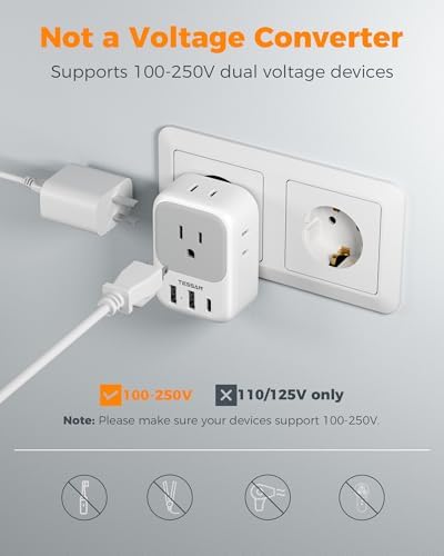 Ultimate European Travel Power Adapter: 4 AC Outlets & 3 Fast Charge USB Ports (1 USB-C PD 20 W) – Compact, Foldable Design for Effortless Connectivity in Spain, France, Germany, Italy, Portugal & Iceland – Versatile Compatibility for All Your Devices