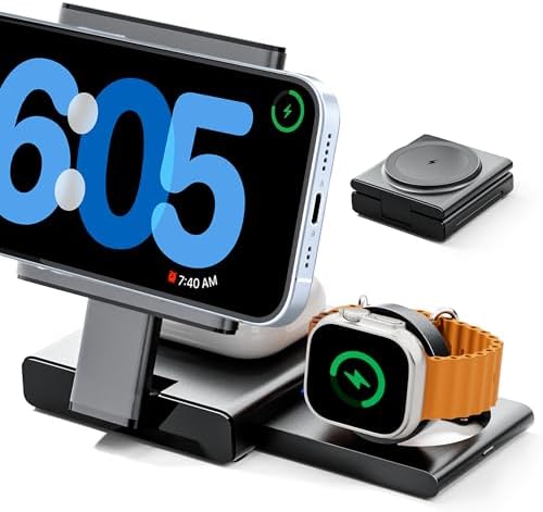 Ultimate 3-in-1 Travel Wireless Charging Dock for i Phone, Apple Watch & Air Pods – Foldable Mag Safe-Compatible Fast Charging Station with 20 W Adapter for Enhanced Portability and Convenience