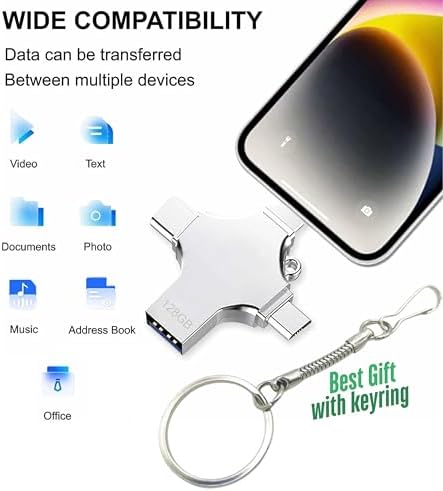 Versatile 128 GB USB C Flash Drive – 4-in-1 High-Speed Memory Stick for Seamless Data Transfer Across Smartphones, Laptops, and PCs – Compact, Durable, and Universal Compatibility for All Your Storage Needs