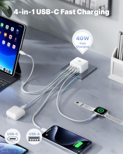 Aioneus 40 W USB C Fast Charging Block – 4-Port Dual PD & QC Wall Charger for i Phone 11-16, i Pad & Samsung Devices – Compact, High-Performance Power Adapter with Enhanced Safety Features for Home & Travel