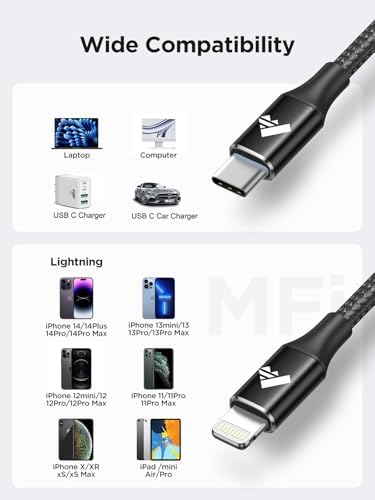 Aiminu 6 ft USB C to Lightning Cable 2-Pack – Rapid Charging Solution for i Phone 13, 12, 11 Pro Max, and More – MFi Certified Braided Type C Charging Cord for Enhanced Durability and Compatibility – Perfect for Fast Power Delivery up to 20 W