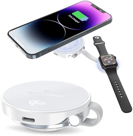 Ultra-Portable 2-in-1 Wireless Charger for Apple Devices – 15 W Qi 2 Certified Magnetic Charging Puck with Built-In Stand for i Phone, Air Pods & Apple Watch – Travel-Friendly Design with Durable USB-C Cable – Streamlined Charging Solution for On-the-Go Connectivity