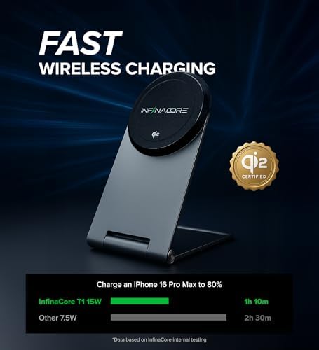 Infina Core Magnetic Wireless Charger Stand for Apple Devices – Qi2 Certified 15 W Fast Charging Dock for i Phone and Air Pods – Sleek, Durable Bedside Charging Station with Magnetic Alignment and Seamless Mag Safe Compatibility – Organize Your Tech Effortlessly