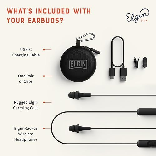 Elgin Ruckus OSHA Compliant Wireless Bluetooth Earplug Headphones – Advanced Noise Cancelling Earbuds with 25 d B Hearing Protection, 12-Hour Battery Life, and IP65 Sweatproof Design for Professionals – Superior Audio Clarity and Communication for Workplace Safety and Outdoor Adventures