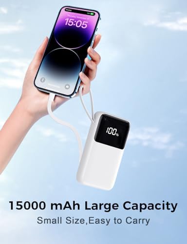 15000 m Ah Ultra-Slim Portable Charger with Integrated Cable – 22.5 W Fast Charge Power Bank for Multiple Devices, Ideal Travel Battery Pack with LED Indicator – Compatible with i Phone 16/15/14/13, Samsung, and More